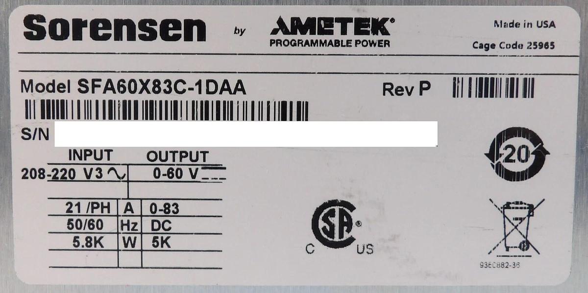 Used Sorensen SFA60X83C-1DAA Programmable Power Supply SFA 60/83 Ametek Working