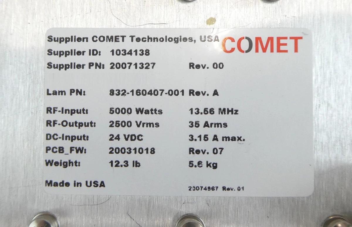 Used Comet Technologies 20071327 RF Match Lam Research 832-160407-001 Untested As-Is