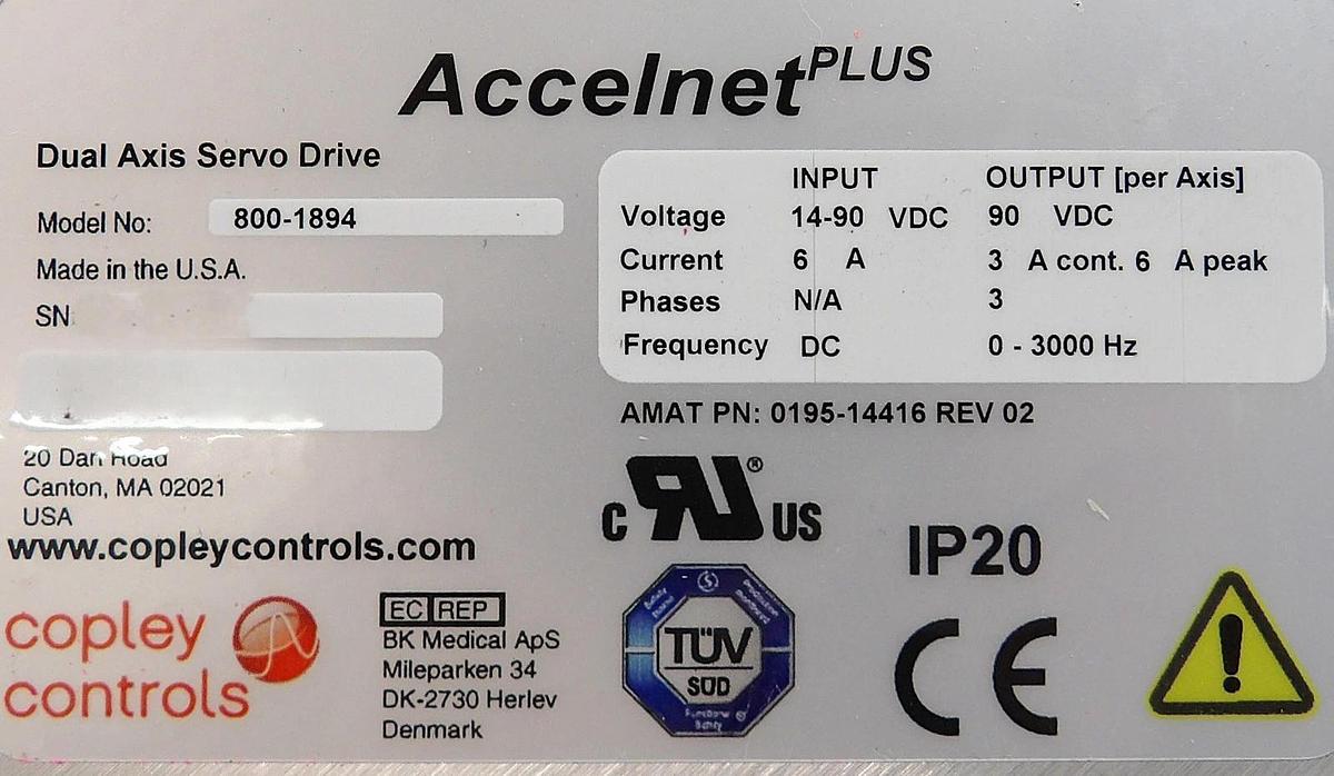Used Copley Controls 800-1894 Dual Axis Servo Drive Accelnet Plus Working Surplus