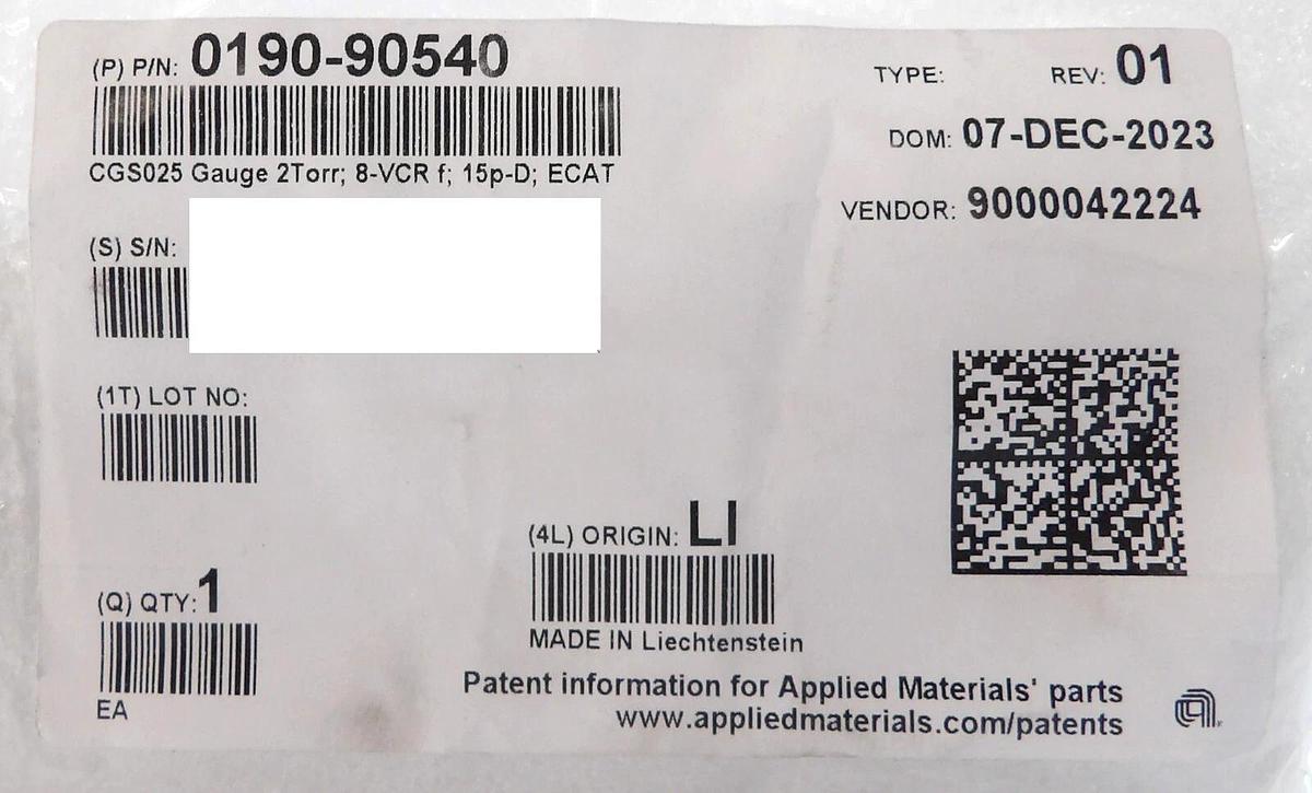 Used AMAT Applied Materials 0190-90540 CGS025 Gauge 2 Torr Working Surplus
