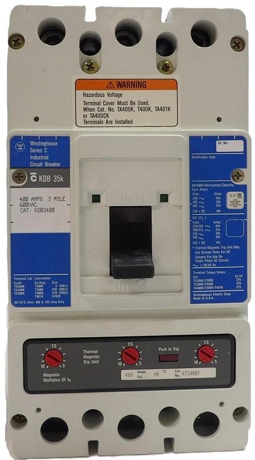 Used Westinghouse KDB3400 Industrial 3-Pole Circuit Breaker KDB 35k w/KT3400T Working