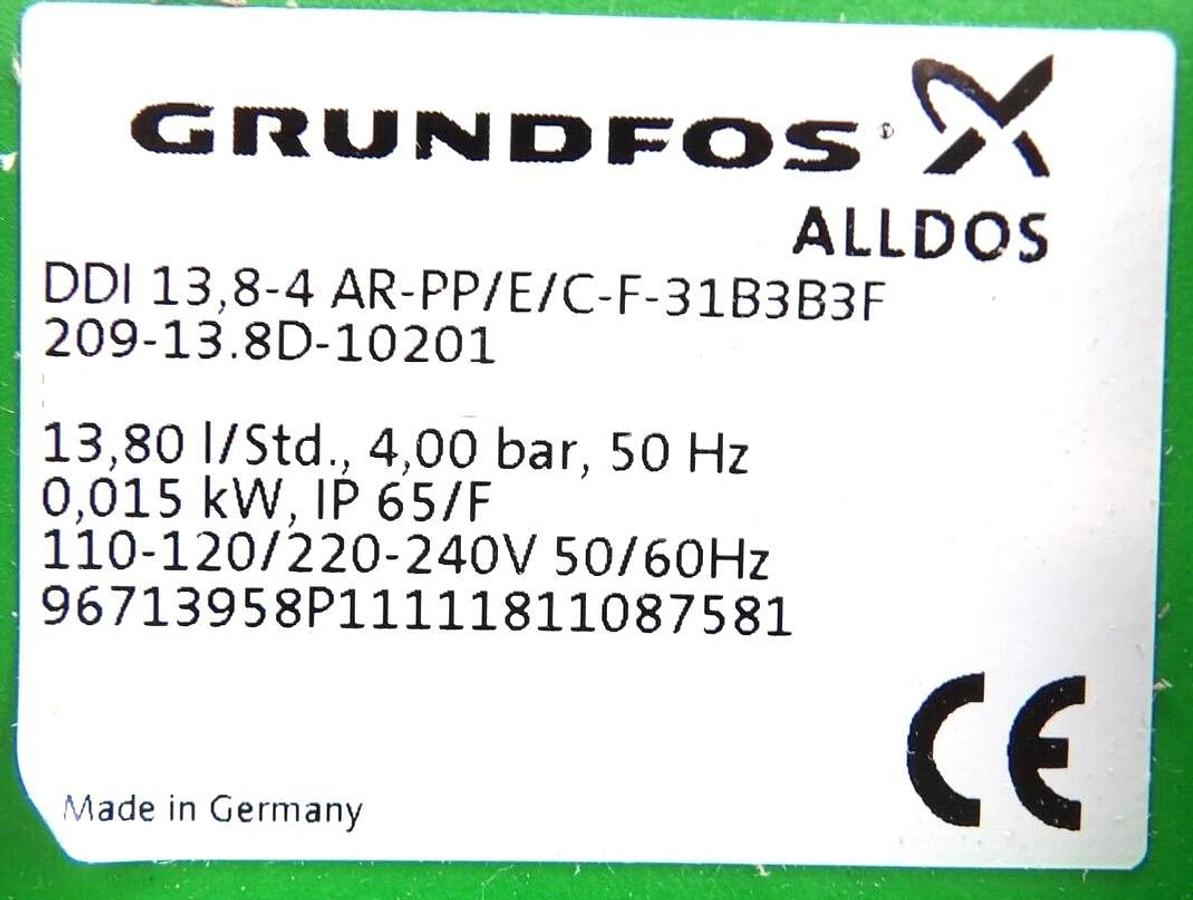 Used Grundfos DDI 13 8-4 AR-PP/E/C-F-31B3B3F Dosing Pump DDI 209 New Surplus