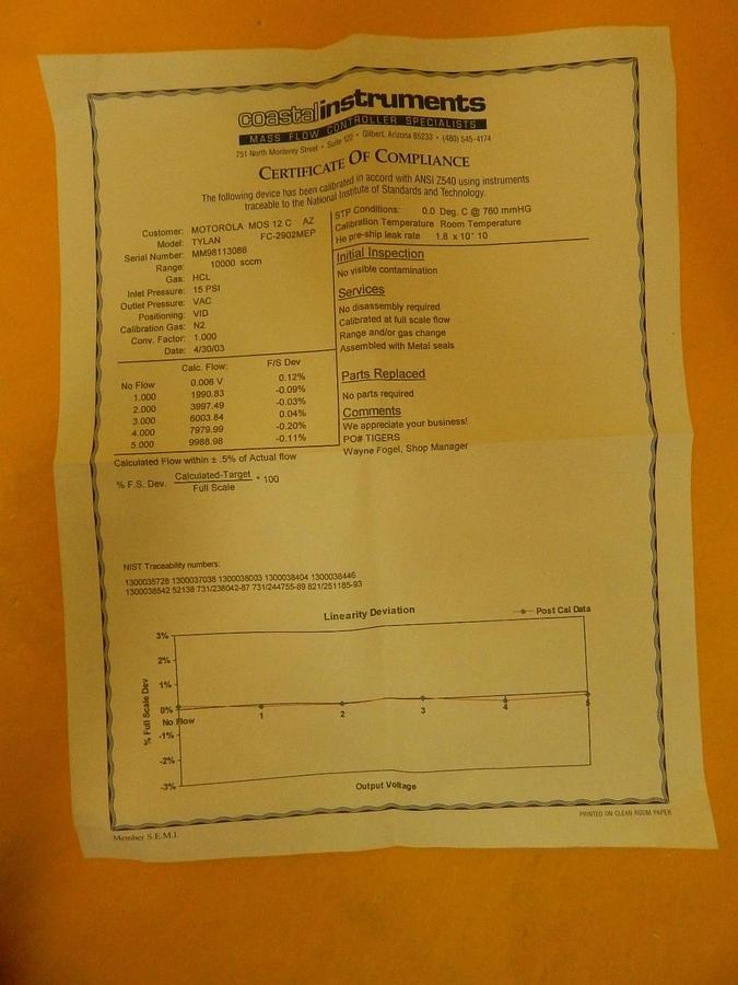 Refurbished Tylan General FC-2902MEP Mass Flow Controller MFC 10000 SCCM HCL Refurbished