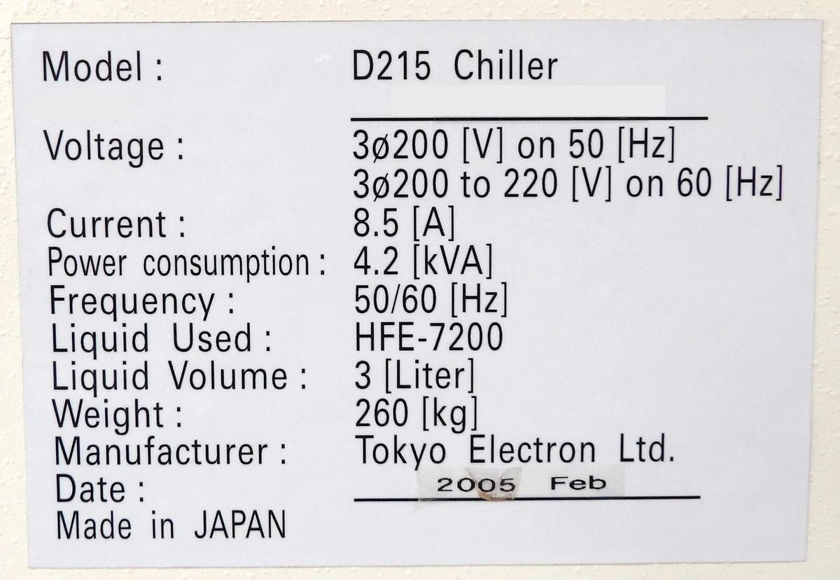 Used TEL Tokyo Electron D215 HFE-7200 3 Liter Industrial Chiller Spare Surplus