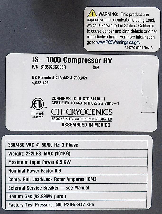 Refurbished CTI-Cryogenics 8135928G003R IS-1000 Compressor HV Manufacturer Refurbished