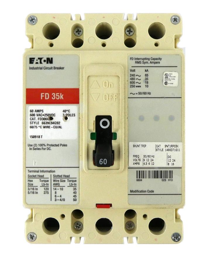 Used Eaton 6639C94G92 Industrial Circuit Breaker FD3060L Working Surplus