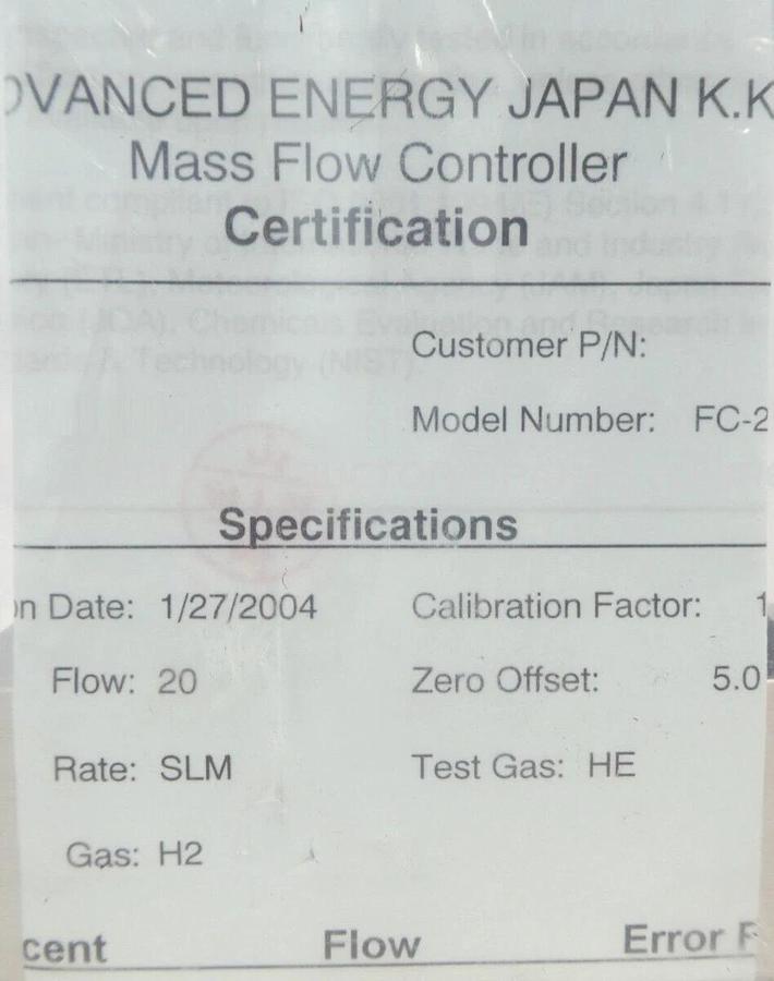 Aera FC-261J Mass Flow Controller MFC 20 SLM H2 New Surplus