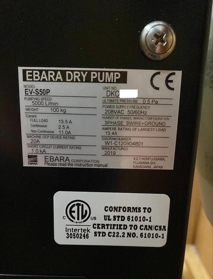 Used EV Ebara Technologies EV-S50P Dry Vacuum Pump New Surplus