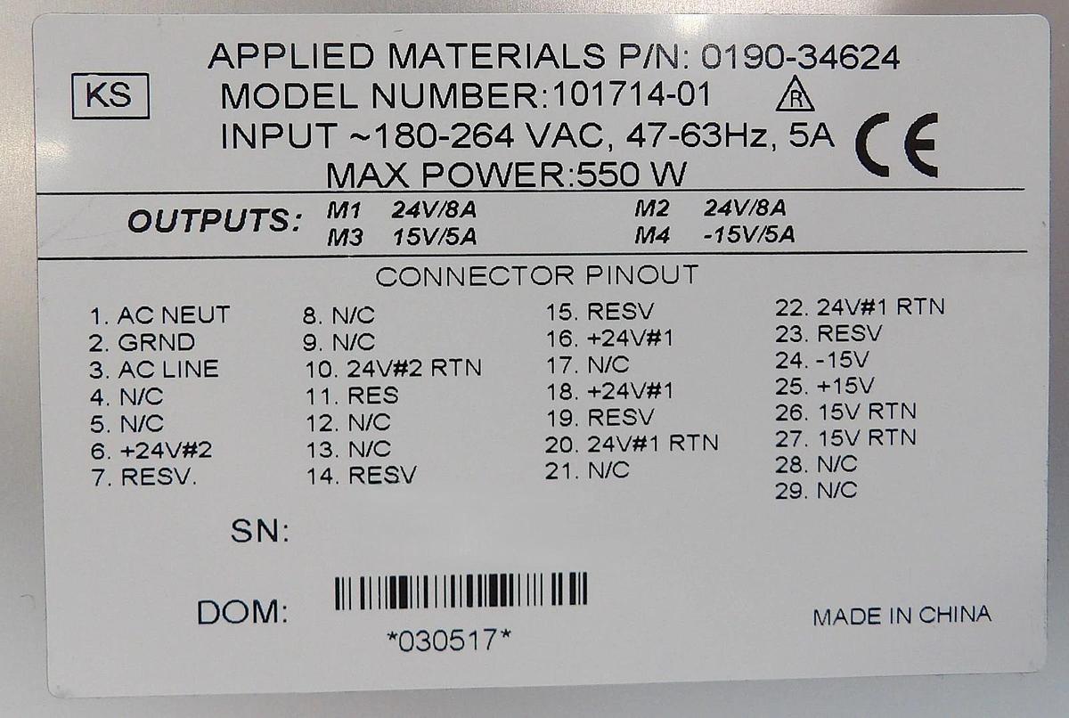 Used XP Power 101714-01 Rack Mount Power Supply AMAT 0190-34624 Working Surplus