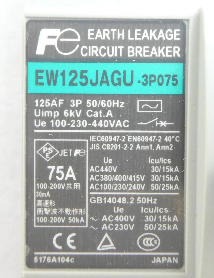 Fuji Eletric EW125JAGU-3P075 3-Pole Industrial Circuit Breaker EW125JAGU New