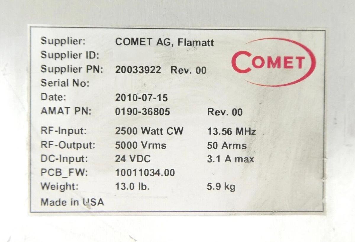 Used Comet 20033922 RF Impedance Matching Network No Interlock Surplus Spare