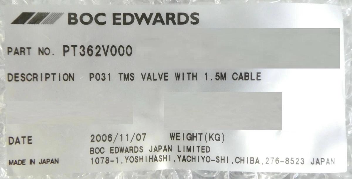 Edwards PT362V000 TMS Valve with 1.5M Cable P031 Mattson New Surplus