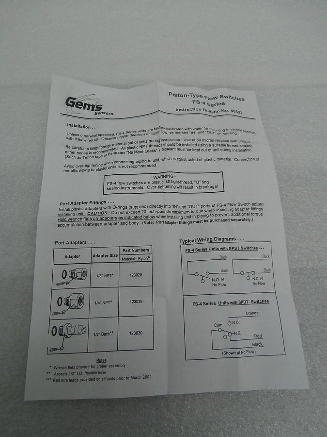 Gems Sensors 122341 Flow Switch Sensor 4060011A-00 New Surplus
