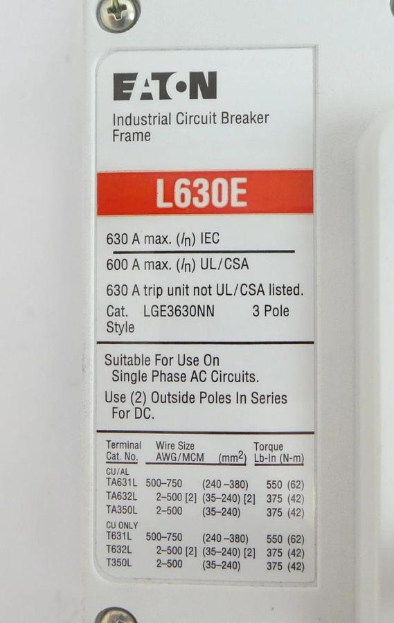 Used Eaton LGE3630NN 3-Pole Industrial Circuit Breaker Assembly L630E Working Surplus