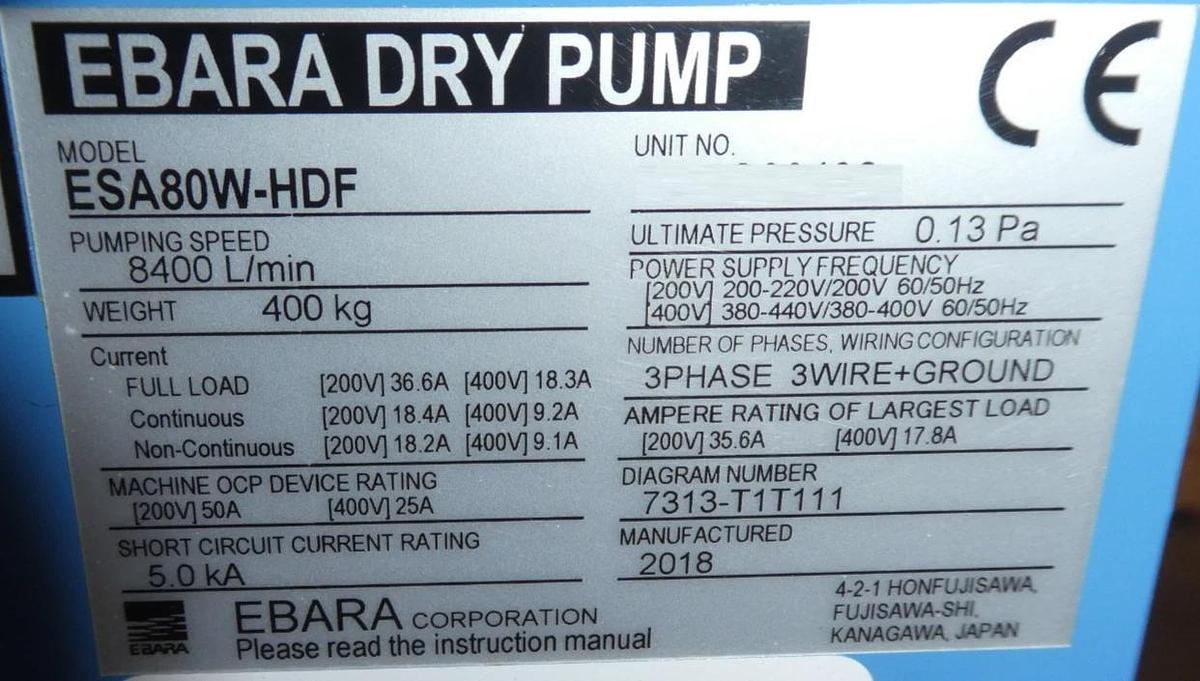 Refurbished Ebara Technologies ESA80W-HDF Dry Vacuum Pump 500762264 Manufacturer Refurbished