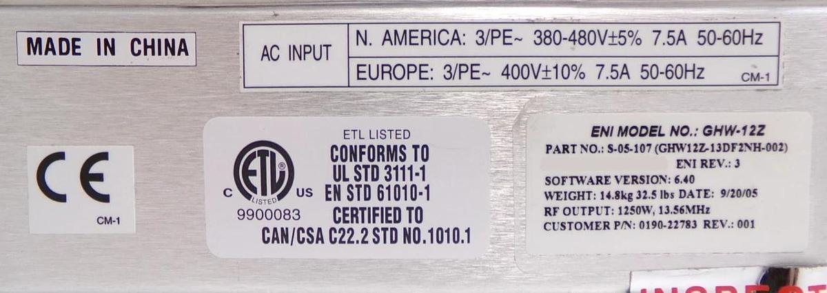 Used GHW-12Z Genesis ENI Power Systems GHW12Z-13DF2NH-002 RF Generator Working