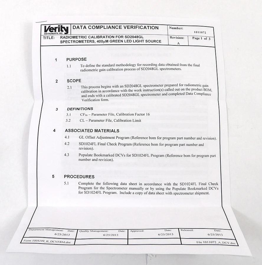 Used Verity Instruments 1010945 High Resolution Spectrometer SD2048GL New Surplus