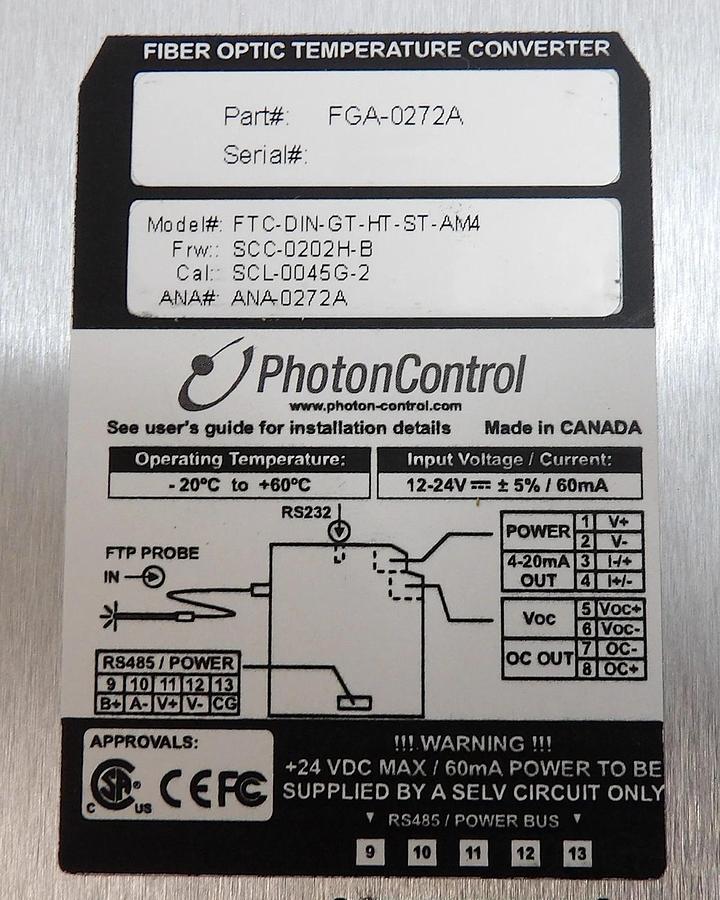 Used Photon Control FGA-0272A Fiber Optic Temperature Converter FTC-DIN-GT-HT Working
