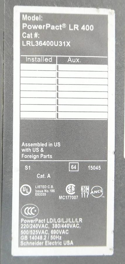 Used Schneider Electric LRL36400U31X Circuit Breaker PowerPact LR400 Working Surplus
