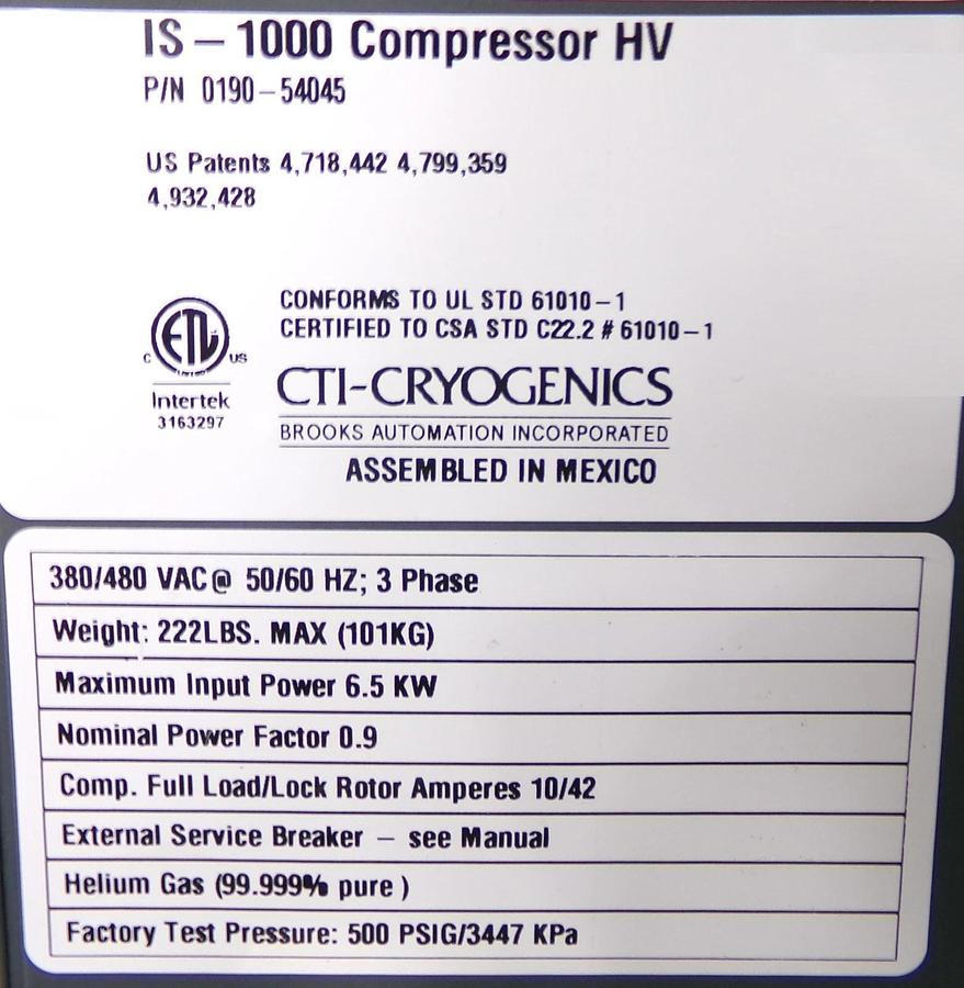 IS-1000 Brooks CTI-Cryogenics 0190-54045 Helium Cryo Compressor HV AMAT New