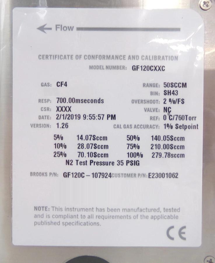 Brooks Instrument GF120C-107924 Mass Flow Controller MFC 50 SCCM CF4 New Spare