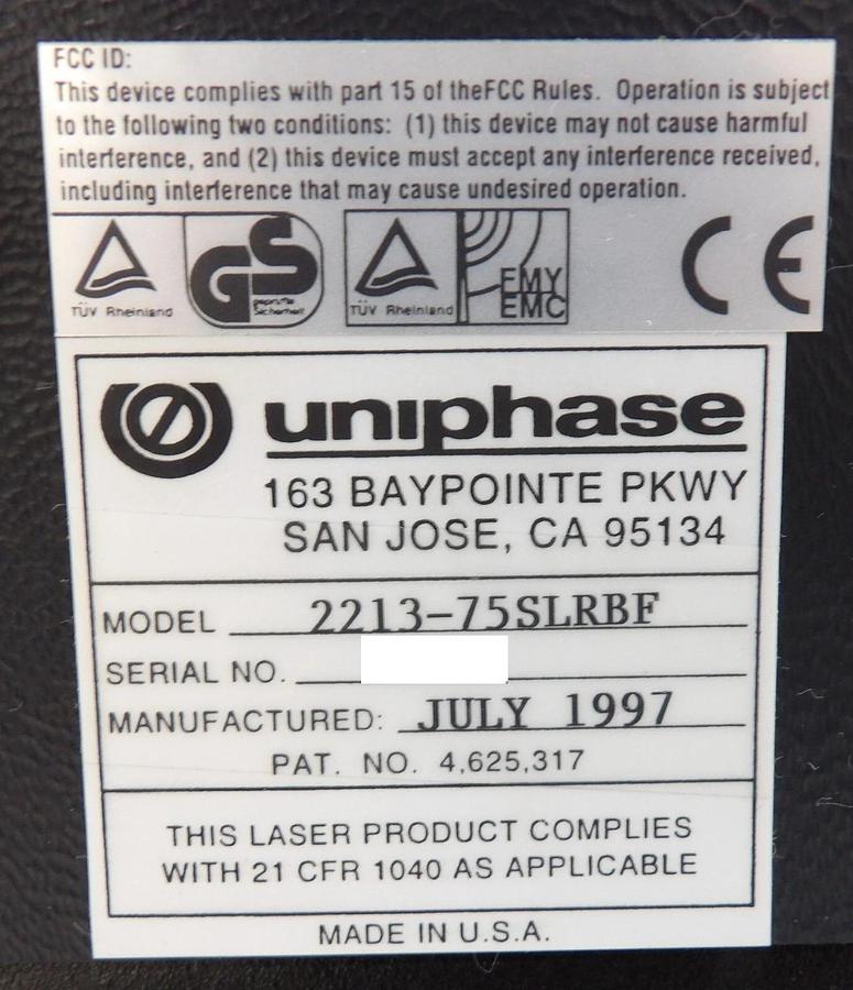 Used Uniphase 2213-75SLRBF Air-Cooled Argon-Ion Laser Head Untested Surplus
