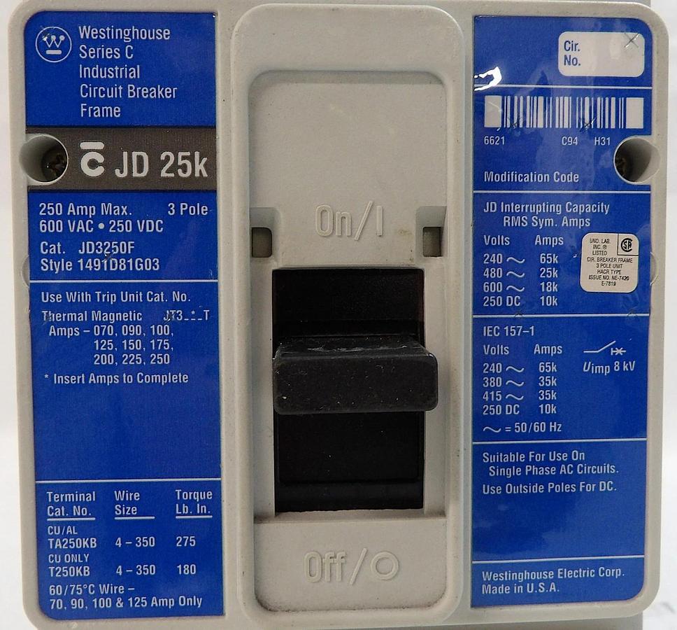 Used Westinghouse 1491D81G03 JD 25K 3-Pole Industrial Circuit Breaker JT3250T Working