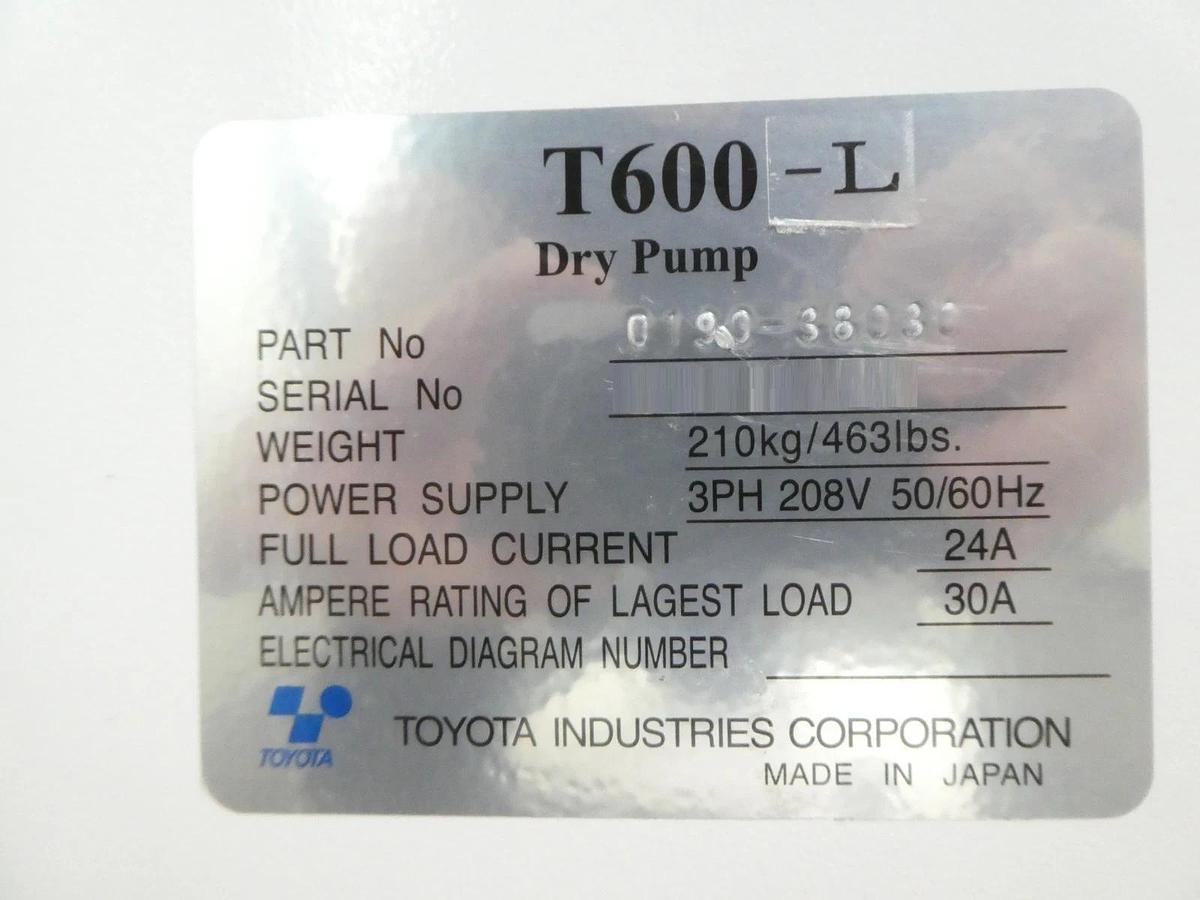 Used T600-L Toyota Industries 0190-38030 Vacuum Dry Pump 22 mTorr Tested Working