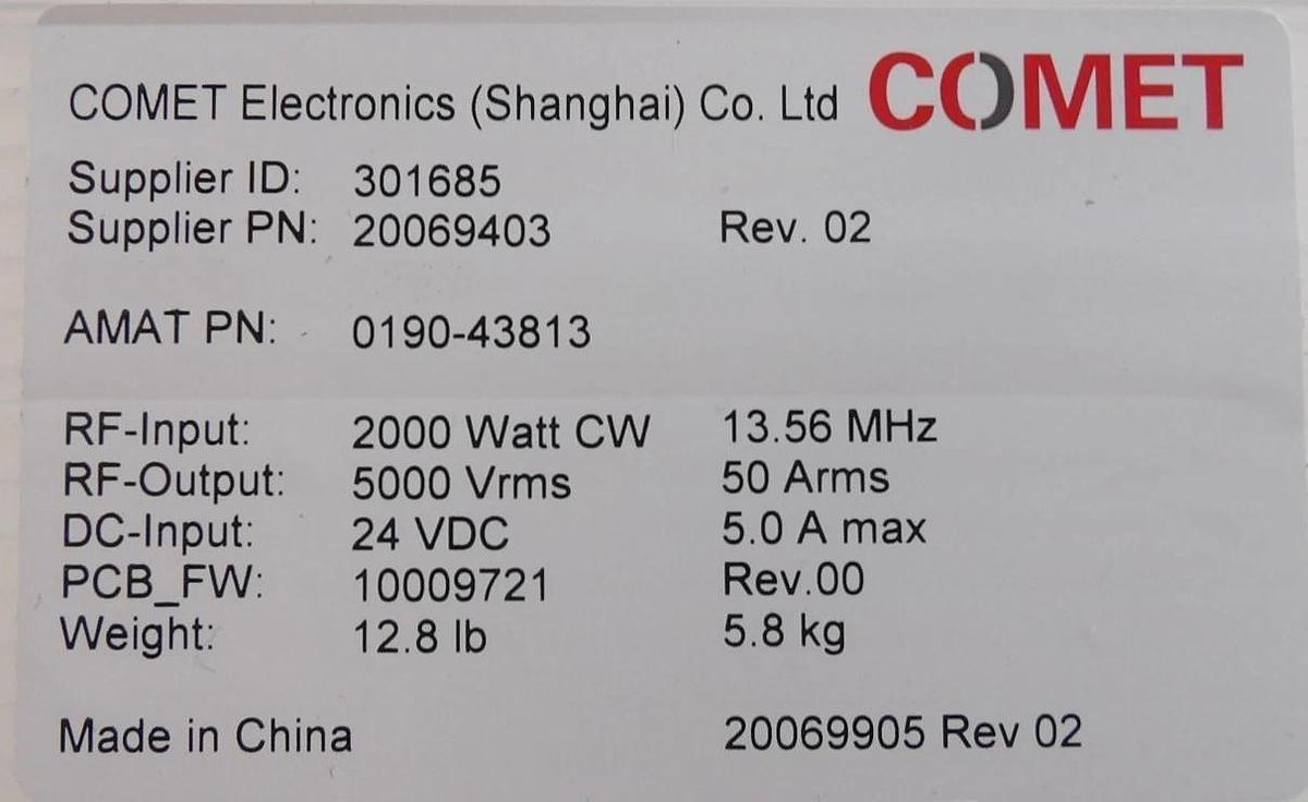 Used Comet Technologies 20069403 RF Match 2000W @ 13.56MHz New Surplus