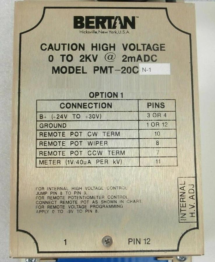 Used Bertan PMT-20C-N-1 High Voltage Power Supply Ulvac Enviro II Working Surplus