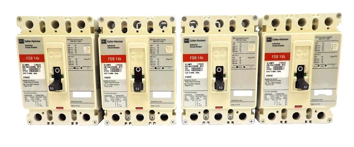Used Cutler-Hammer FDB3050WL11 3-Pole Circuit Breaker FDB 14k Lot of 4 Working Spare