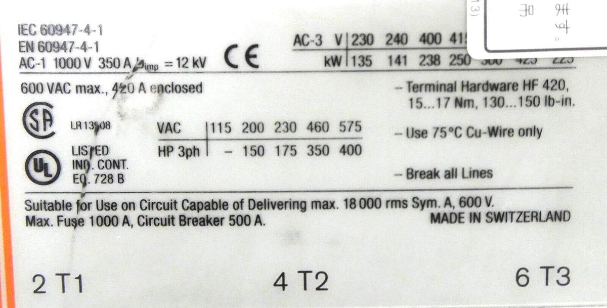 Used Sprecher Schuh CA6-420-EL Industrial Circuit Breaker Series CA6 Working Surplus