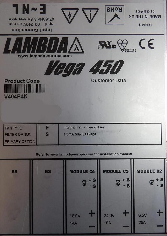 Used Lambda V404P4K Modular Power Supply Assembly Vega 450 Lot of 2 Working