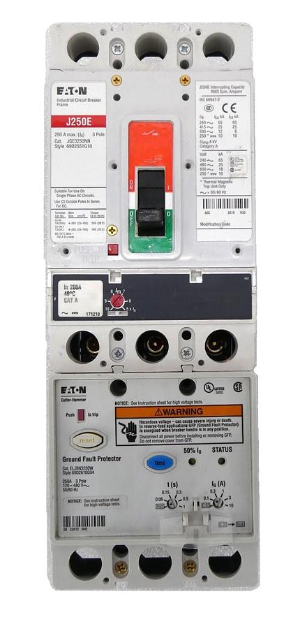 Used Eaton 69d2551G10 Circuit Breaker JGE3250N Ground Fault ELJBN3250W Working