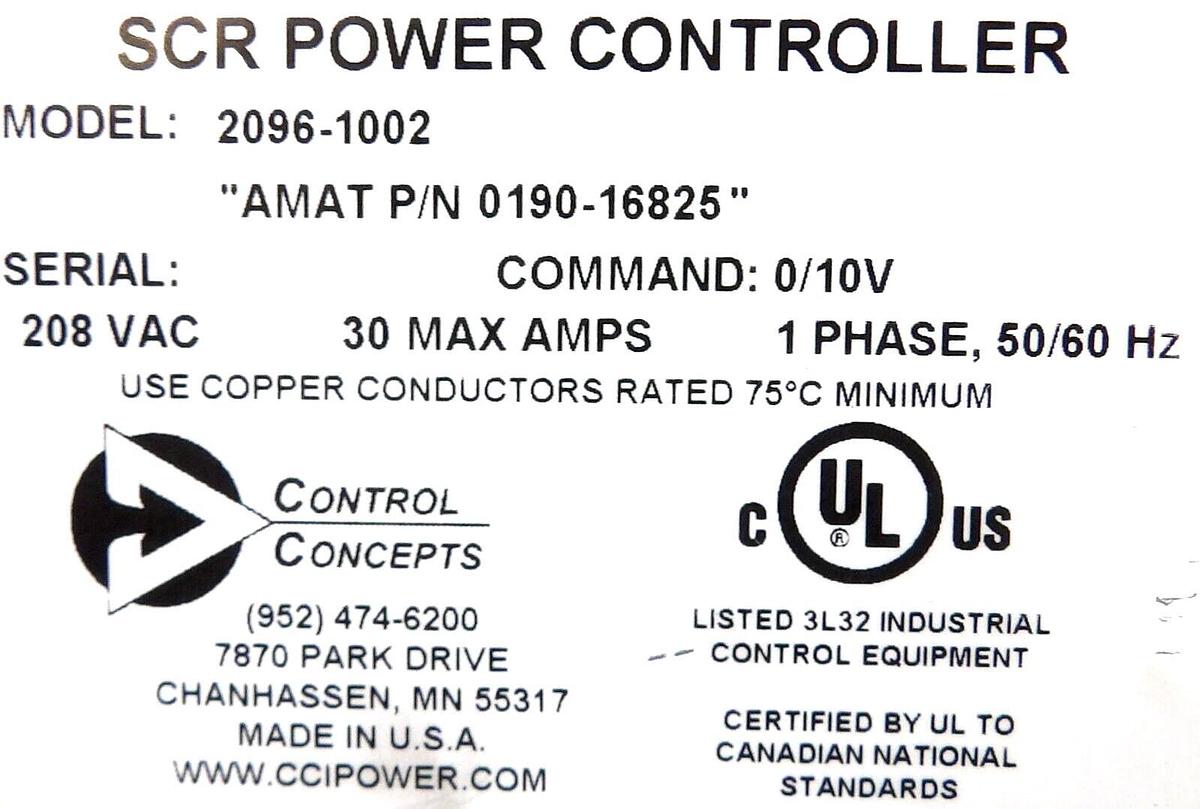 Used Control Concepts 2096-1002 SCR Power Controller AMAT 0190-16825 Working Surplus