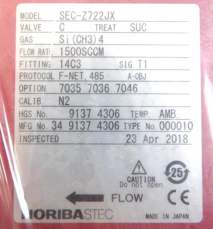 Horiba STEC SEC-Z722JX Mass Flow Controller MFC Z700 1500 SCCM Si New Surplus