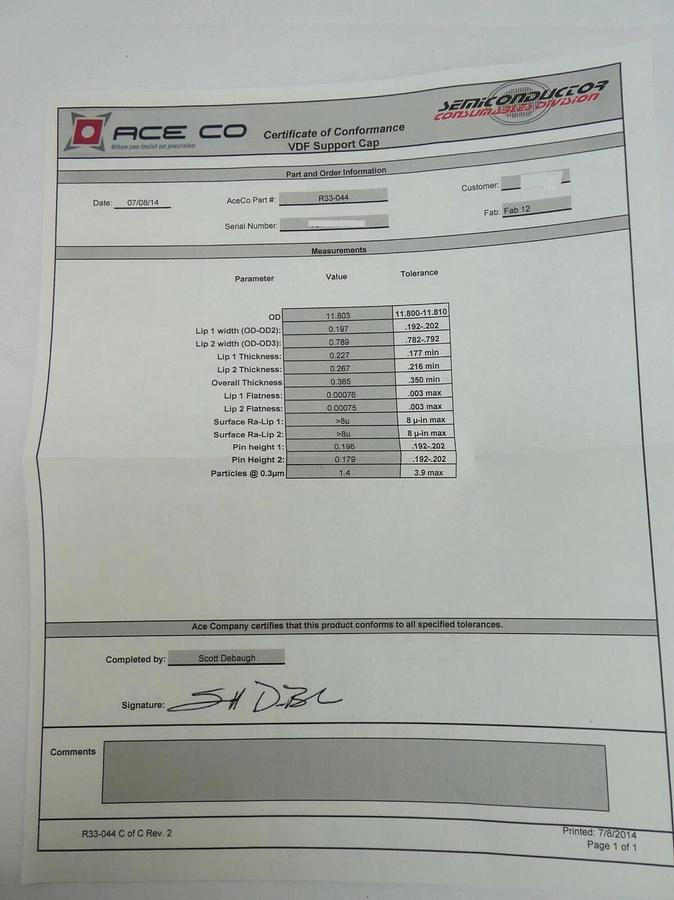 Ace Co R33-044-02 VDF Support Cap New Spare
