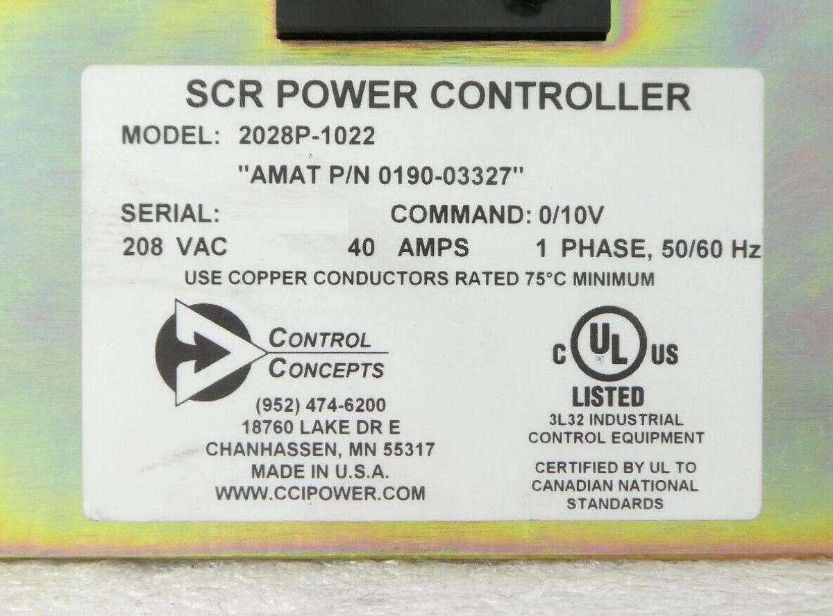 Used Control Concepts 2028P-1022 SCR Power Controller AMAT 0190-03327 Working Surplus