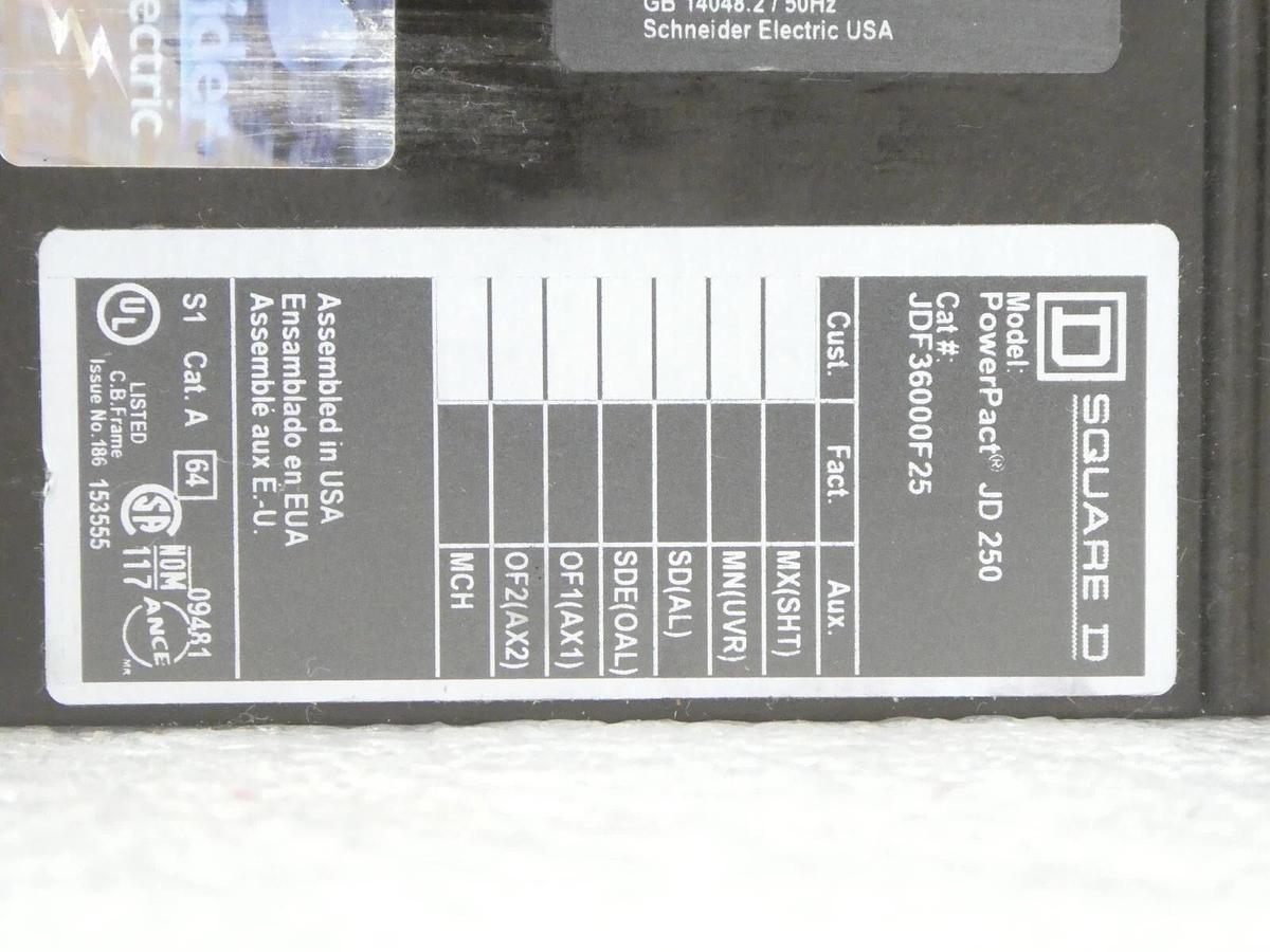 Used Square D JDF36000F25 Circuit Breaker PowerPact JD 250 CB200 Lot of 2 Working