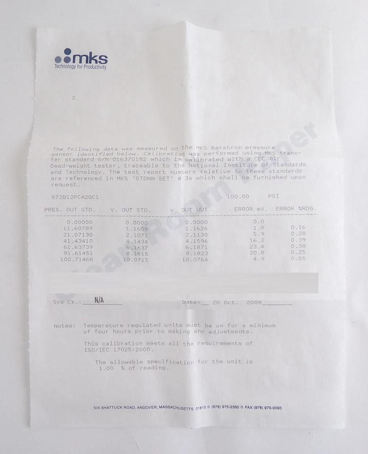 MKS Instruments 872B12PCA2GC1 Baratron Pressure Transducer 872B New