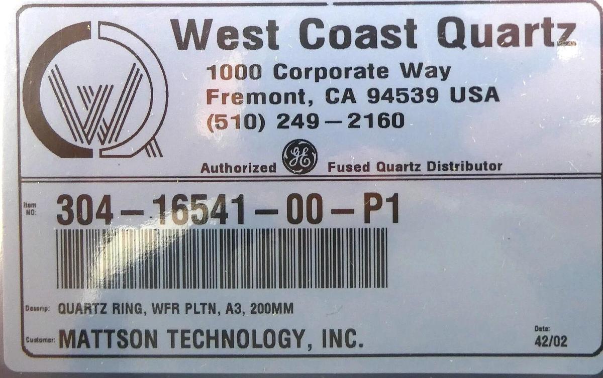 Used West Coast Quartz 304-16541-00-P1 200mm Quartz Focus Ring New Surplus