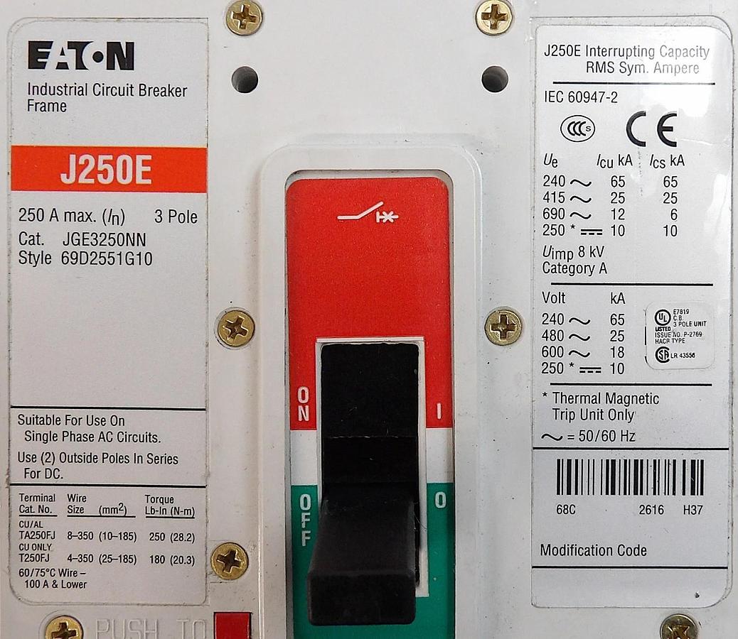 Used Eaton JGE3250NN 3 Pole Circuit Breaker J250E 69D2551G10 Working