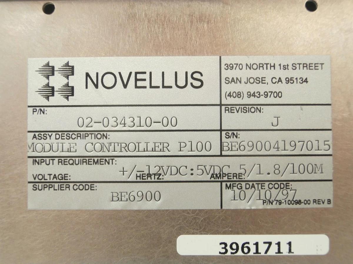 Used Novellus Systems 02-034310-00 Module Controller P100 Rev. J 635352-107 Working
