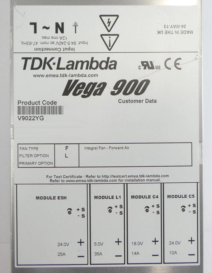 Used TDK-Lambda V9022YG Spectrometer Power Supply Vega 900 AB Sciex Working Surplus