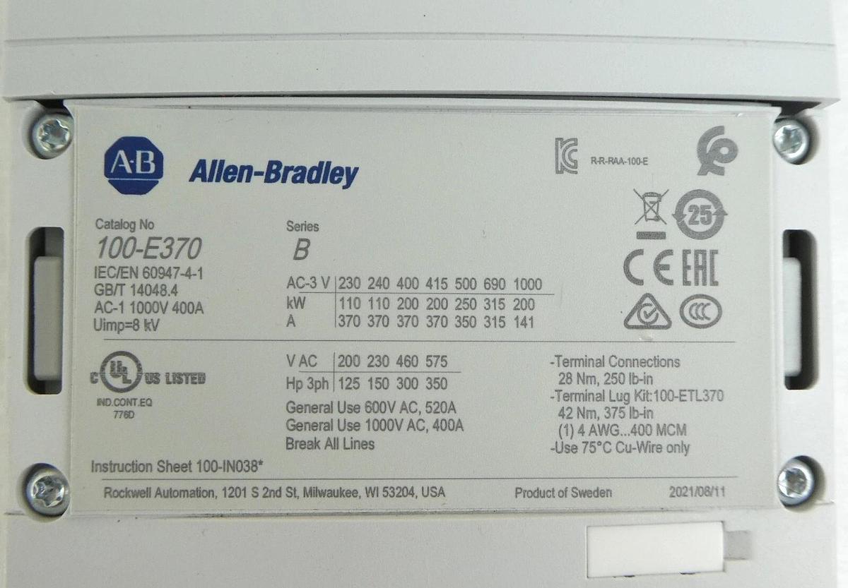 Used AB Allen-Bradley 100-E370 3-Pole Direct On Line Contactor Series B Working Spare