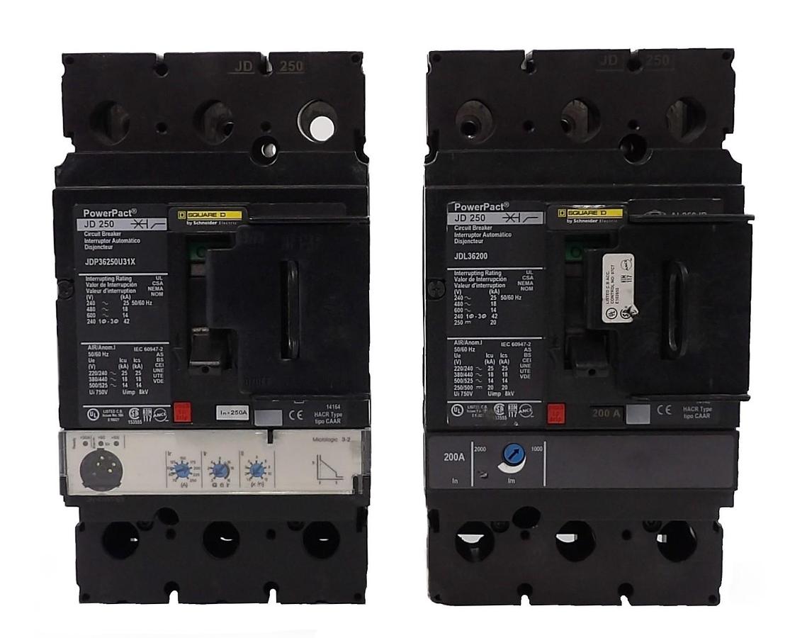Used Square D JD 250 3-Pole Circuit Breaker JDL36200 JDF36250CU31X Lot of 2 Working