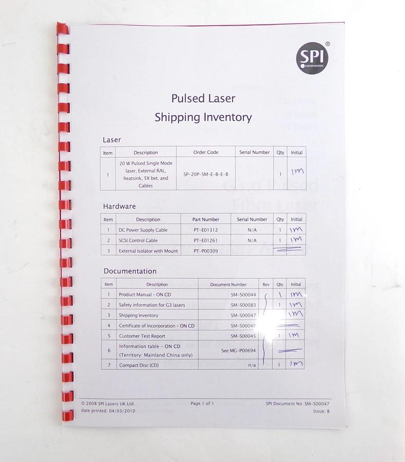 Refurbished SPI Laser SP-20P-0801-001 1040-1200nm Fiber Laser w/PT-P00426 OEM Refurbished