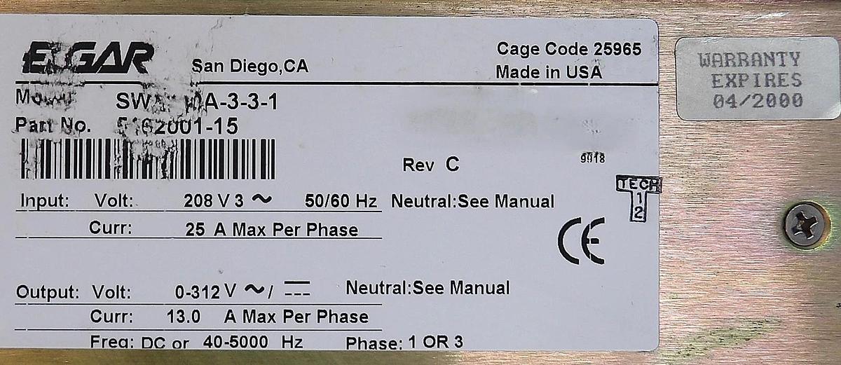 Used Elgar 5162001-15 SmartWave Industrial Power Source SW5250A Untested Surplus