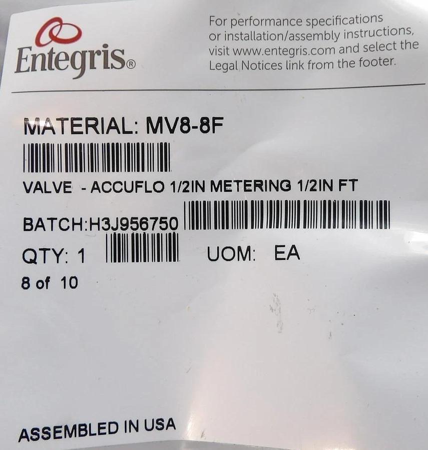 Entegris MV8-8F Accuflo 1/2" Needle Valve Lot of 6 New