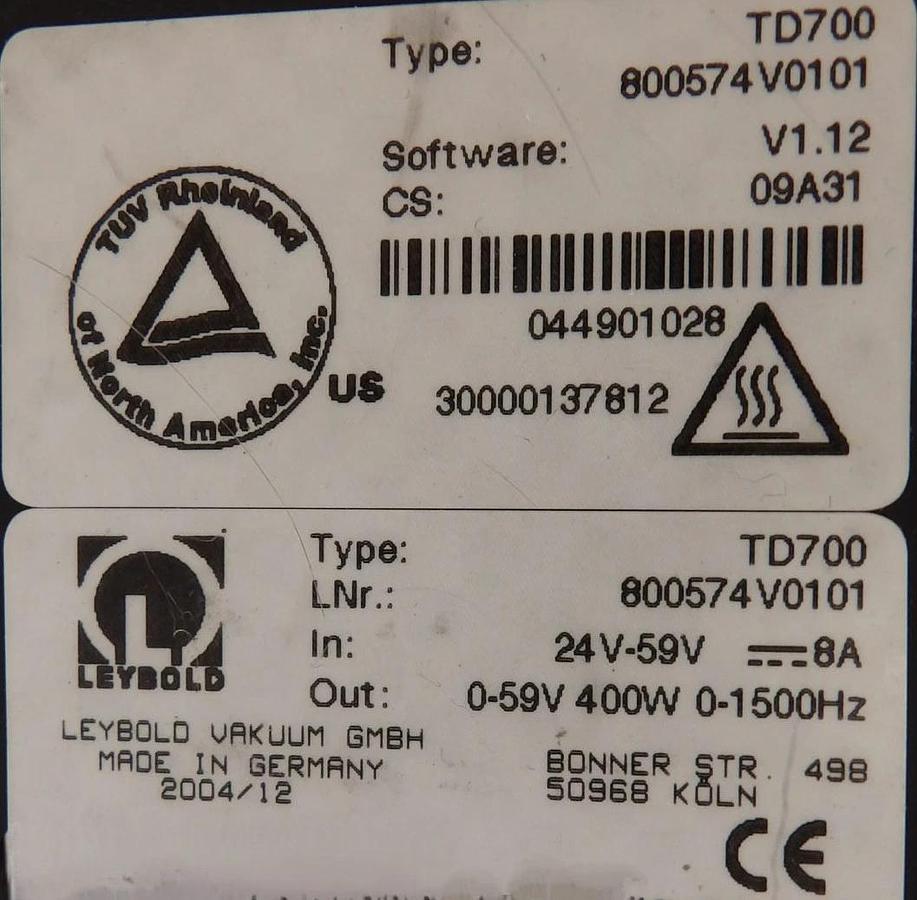 Used TURBOVAC TW 700 Leybold 800051V0121 Turbomolecular Pump Turbo Working